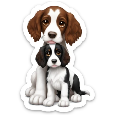 Black and white tricolored springer spaniel puppy with redhead girl hug   sticker