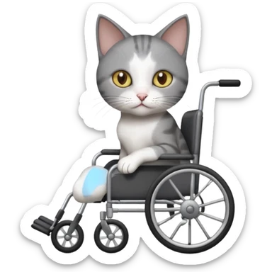 full body small short hair dark grey and white cat with hazel eyes walking in a wheelchair for cats sticker
