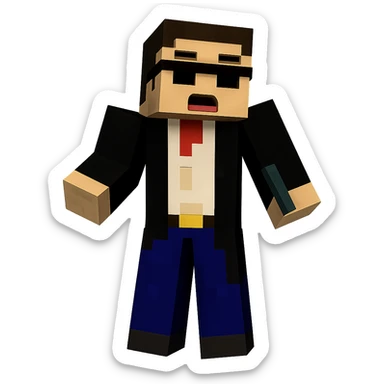 Edit the Minecraft character in the suit and sunglasses to have a surprised facial expression with open mouth and raised brow. Keep the pose, outfit, and quality exactly the same. Transparent background. sticker