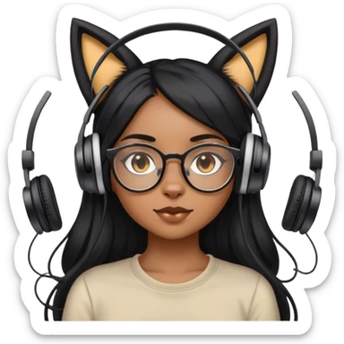 light brown skin girl with long black hair in a middle part and glasses wearing headphones with cat ears sticker