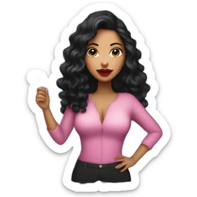White latin girl with with pink big lips, long curly black hair and wine sticker