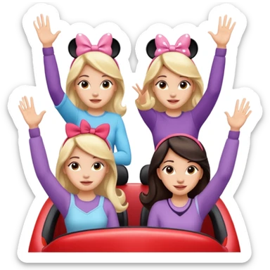 quatro chicas montadas en una atraccion de levantando la mano con orejas de Disney puestas en una atracción sticker