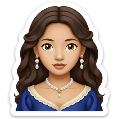 Tan Filipino woman with dark brown eyes and long dark wavy hair parted in the middle wearing a traditional filipiniana and white pearl stud earrings and no other jewelry sticker
