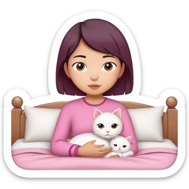 Short hair Asian girl in pink clothe wake up with white cat  sticker
