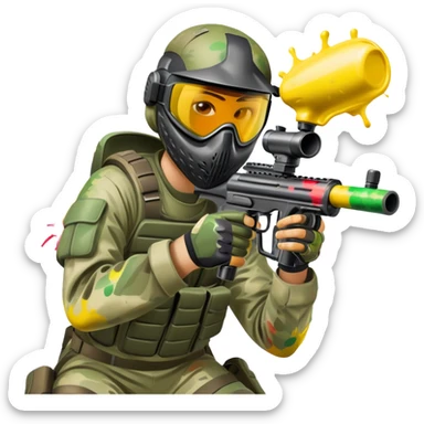 A paintball player in full gear, aiming a paintball gun with focus and determination. The scene includes vibrant splashes of paint and a dynamic battlefield setting, emphasizing action, strategy, and teamwork in a competitive environment sticker