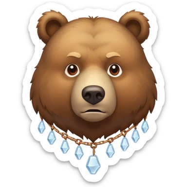 Realistic brown bear on all four legs with serious expression, wearing a simple chain made entirely of ice around its neck, nothing hanging from it sticker