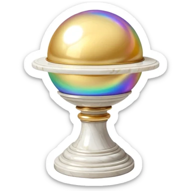 Beautiful precious tall Greek White marble pedestal with a gold cushion laying on top of it with a big shiny pearl-sphere-orb laying on it sticker