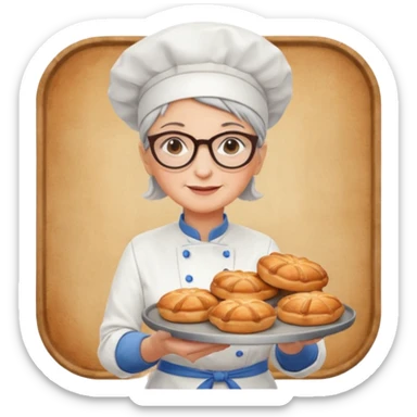 Older female pastry chef – round glasses, oven mitts on, holding a tray of pastries.

 sticker