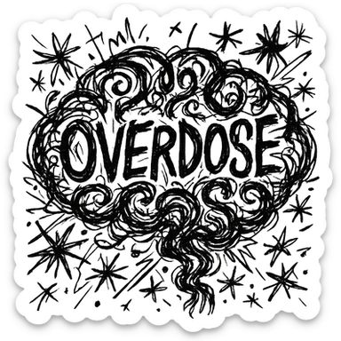 Add the word 'overdose' in the middle of the brain icon in chaotic black outline style. sticker