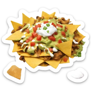Nachos with cheese salsa grilled chicken guacamole onions and sour cream sticker