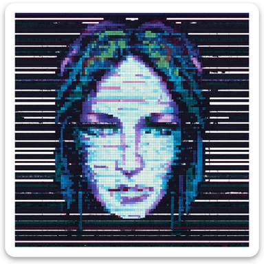 Add animated static lines to the pixelated face with glitchy lines in pixel art style, keeping the background transparent. Maintain the pixelated look and glitchy effect with static lines animation. sticker