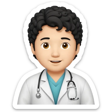a young asian chubby male doctor with very black long curly hair and cheerful face without gpasses sticker