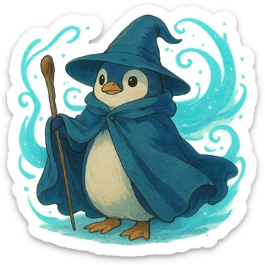ghibli style penguin wizard with a flowing cloak and magical aura sticker
