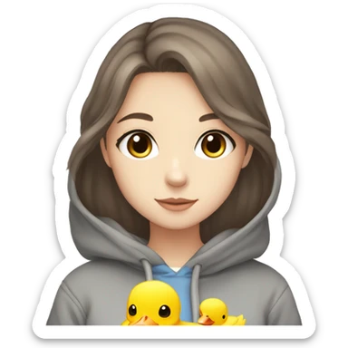 anime girl with brown hair blue eyes grey hoodie and a ducky hair clip sticker
