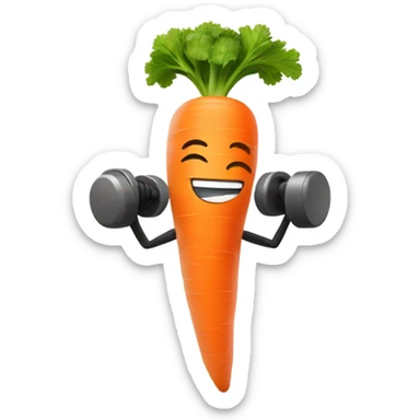 Generate an energetic carrot emoji wearing a sweatband, lifting tiny dumbbells, and looking motivated. sticker