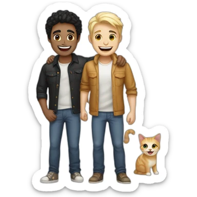 Gay male couple, 1 Latino black hair, the other one Australian blonde hair with a cat in the middle laughing full body sticker