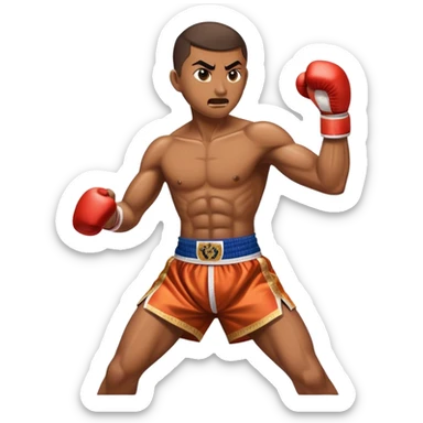 Cinematic Realistic Traditional Muay Thai Emoji, depicted as an intense dynamic martial arts scene featuring a fighter in traditional Muay Thai stance and attire, rendered with rich textures and energetic dramatic lighting that captures the sport's raw power. sticker