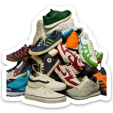 Transform this pile of mixed sneakers into a photorealistic product photography style with clean, high-resolution details, true-to-life textures and lighting. The look should match the reference Nike Air Force 1 sneaker product photo. The background should be transparent. sticker