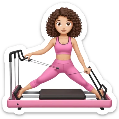 brunette,curly hair shoulder lenght,turkish,beautiful,with some eyelined eyes, 3b girl doing reformer pilates with pink pilates cutesy set,on reformer machine,making different moves. sticker