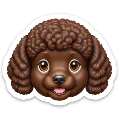 Cinematic Cute Chocolate Poodle Portrait Emoji, Head tilted playfully and inquisitively, showcasing a bouncy, curly chocolate Fur with a healthy sheen, round, sparkling brown eyes filled with curiosity, Simplified yet irresistibly adorable features, highly detailed, glowing with a warm, friendly glow, high shine, affectionate and lively, stylized with a touch of whimsy, bright and endearing, soft glowing outline, capturing the essence of a mischievous yet loving companion, so playful it feels like it could bounce out of the screen and into your arms! sticker