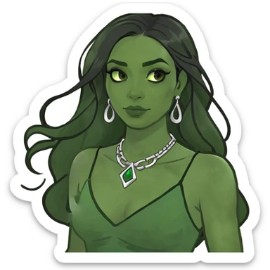 A woman with dark light skin tone and black long hair and green siren eyes sticker