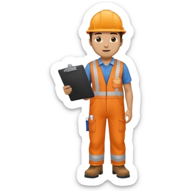 Male railway engineer orange overalls, boots holding a clipboard in one hand sticker