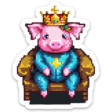 cartoon-like pixel art pig with a golden crown sitting on a throne, blocky and square like Minecraft, styled to look like LEGO Duplo blocks, chunky, colorful, simple sticker