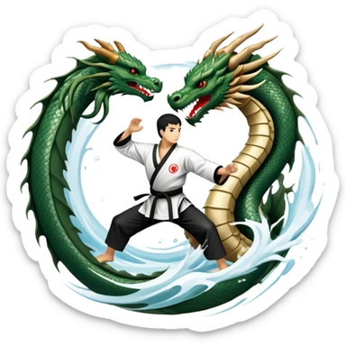 An icon symbolizing Eastern martial arts in the style of an emblem, featuring a black-and-white Yin-Yang symbol at the center and a powerful dragon wrapping around it. A martial artist is performing a fluid kick, surrounded by elements like a dojo and bamboo. Transparent background sticker