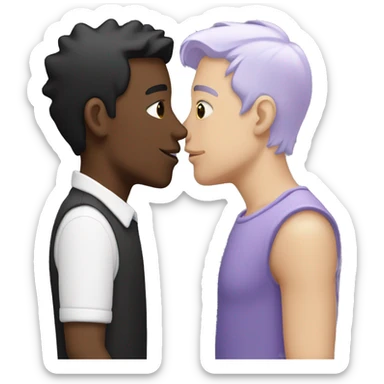 Two men kissing, one of the white with lavender hair and the other person is black with black hair  sticker