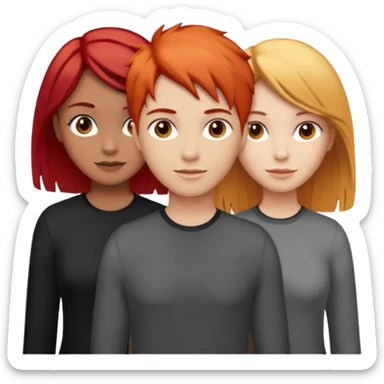 Can you create an image of 3 friends together one with red bright hair light skin one the other with brown hair with some blonde highlights in the hair fair skin the last one with light brown a tint of orange hair and black hair sticker