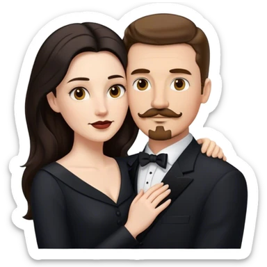 couple portrait, tall white man with brown hair goatee mustache embracing a pale woman with long black hair, wearing formal clothing sticker