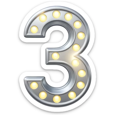 A 3D number 3 in a movie theater setting, shiny metallic surface; bright spotlights from above; cinematic glow with subtle haze; glossy, premium Hollywood countdown look; centered composition. sticker