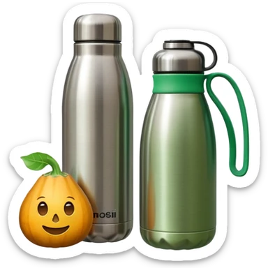 thermal water bottle next to a stainless steel cup with a tereré gourd inside, emoji style sticker