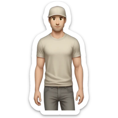 Pale skinned fit Man with dark brown hair in a beige cap, gray jeans, brown polo and white T-shirt keeping a pasted with tape white box into his hands sticker