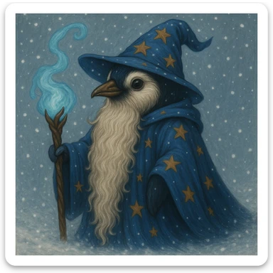 Add falling snowflakes to the scene with the fantasy penguin wizard and snowy background, keeping the detailed illustration style. sticker