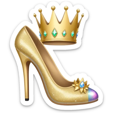 stylish high heel shoe with sparkles and a crown, representing girlboss energy, apple emoji style, for a phone case sticker