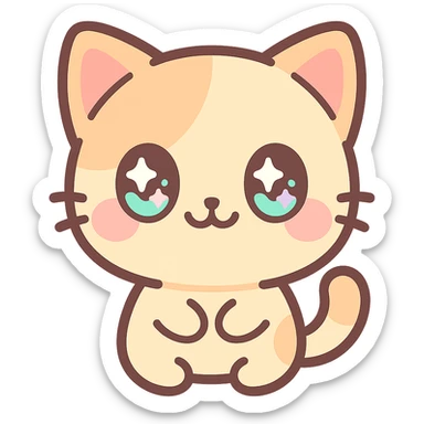 kawaii chibi-style cat emoji with pastel orange and brown cream fur, anime-style happy expression, sparkly eyes, blushing cheeks, pastel color palette, soft rounded design, vector art sticker