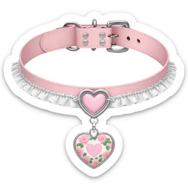 Pastel-baby-rose-pink Lolita-styled aesthetic cute kawaii choker-collar-necklace adorned with with white frills, roses, and heart pattern fabric  sticker
