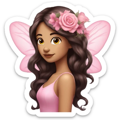Beautiful, rose, fairy, pink, flowers in hair, long dark brown hair, big wings, fair skin sticker