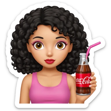 a pretty tan bratz girl with black curly hair drinking coca cola sticker