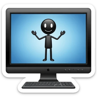 Minimalistic flat vector icon, iOS style, thin black contour on white background. Computer monitor showing a simple stickman character inside a game world. Clean, no text, no shadows sticker