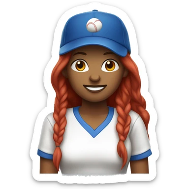front facing standing up female coach with long red hair, wearing a white t-shirt and a simple baseball blue hat sticker