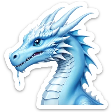 Cinematic Noble elegant Ice Dragon Portrait Emoji, Poised and imposing, distinct long elegant snout, with a slender, scaled body shimmering in glacial hues of icy blue, frostbitten silver, and crystalline white, breathing out frost, with piercing, glowing ice blue white eyes that radiate the chilling depths of an arctic storm; rendered in detail. sticker