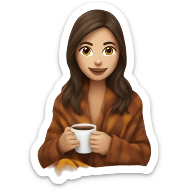 Brunette white girl covered in blanket autumn vibe sitting on a cozy chair holding coffee sticker