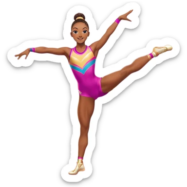 A professional gymnast performing a dynamic aerobic routine, dressed in a vibrant workout outfit. The gymnast is mid-jump, arms extended gracefully, with one leg lifted in a high kick. The background features a spacious fitness studio with mirrors, colorful mats, and energetic lighting.  sticker