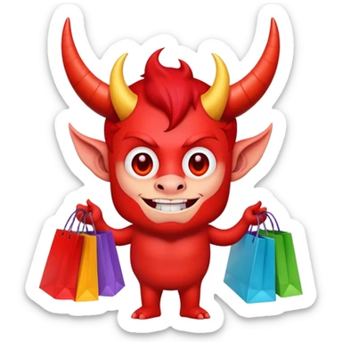 Red devil with horns carrying colorful shopping bags sticker