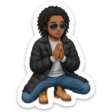 African American man brown skin complexion with black dreadlocks shoulder length wearing black bubble winter coat wearing black sunglasses with denim skinny jeans and timberland boots kneeling in prayer sticker