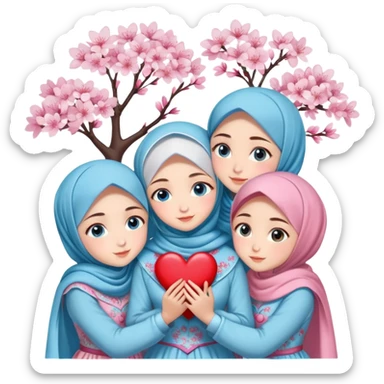 Four sister hugs Turkish girls beautiful finish Konya blue eyes with cherry blossom hijab and heart dress and hugs  sticker