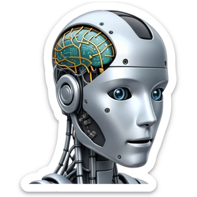 An icon featuring a humanoid robot head, neural network connections, and binary code, symbolizing artificial intelligence. The design includes a brain with circuits and machine learning algorithms, representing the study and development of intelligent systems. Transparent background  sticker