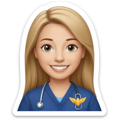 middle aged woman with long, straight light brown / dark blonde hair, grey-blue eyes, winged eyeliner, natural makeup, wearing navy blue scrub top, smiling with teeth showing sticker